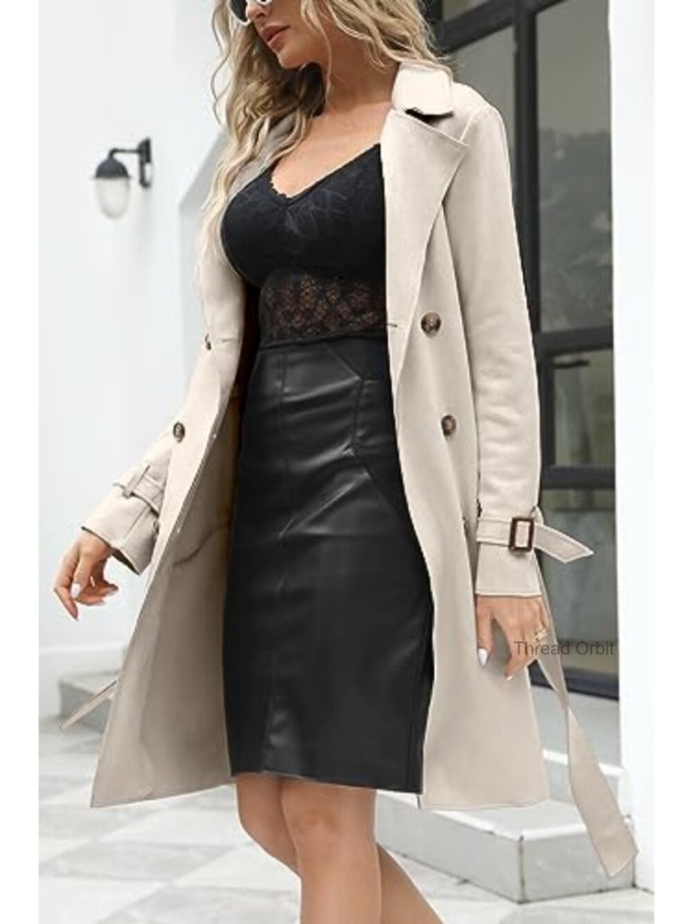 Women's Faux Suede Double Breasted Lightweight Trench Coat with Removable Belt - Picture 4 of 5
